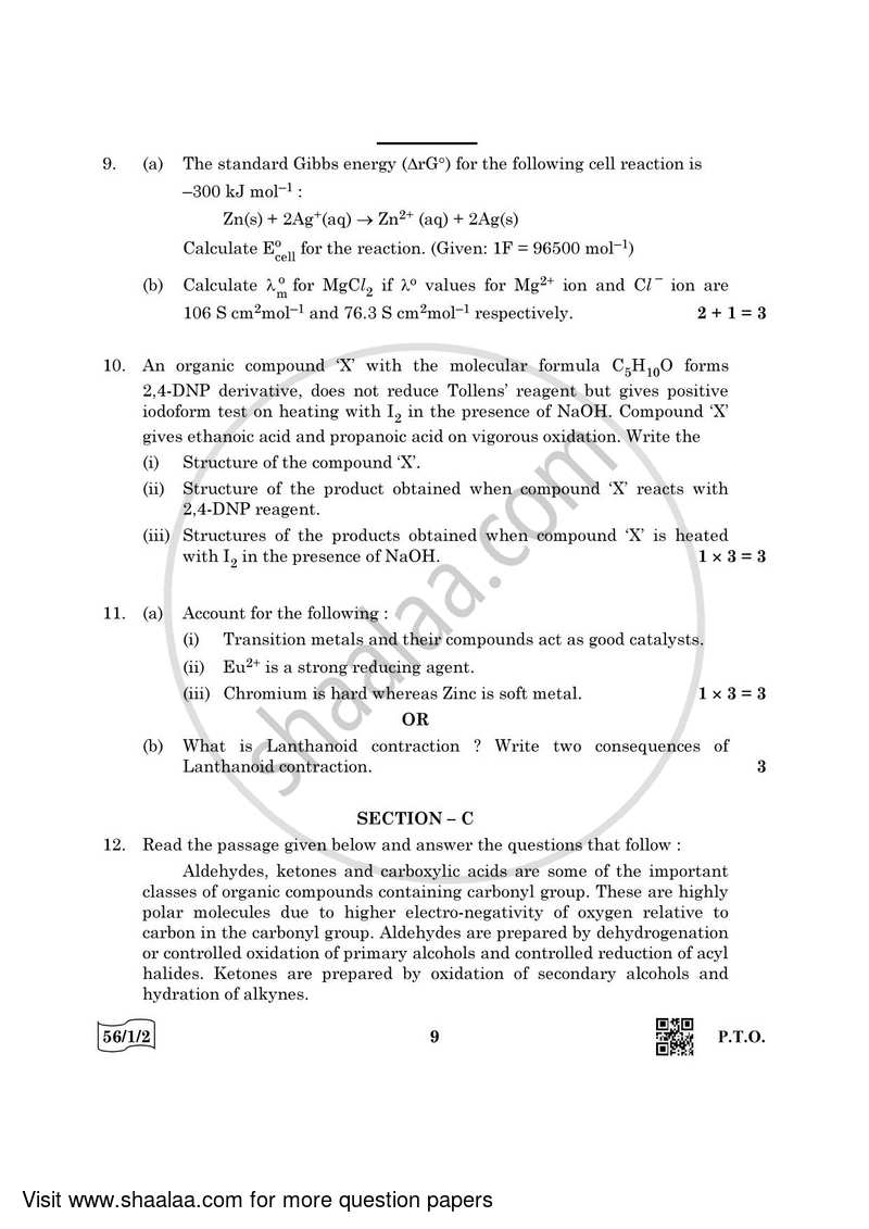 Chemistry 2021-2022 - CBSE 12th - Class 12 - CBSE (Central Board of Secondary Education) question paper with PDF download
