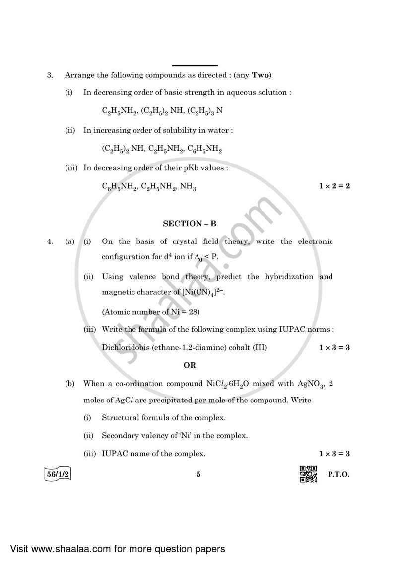 Chemistry 2021-2022 - CBSE 12th - Class 12 - CBSE (Central Board of Secondary Education) question paper with PDF download
