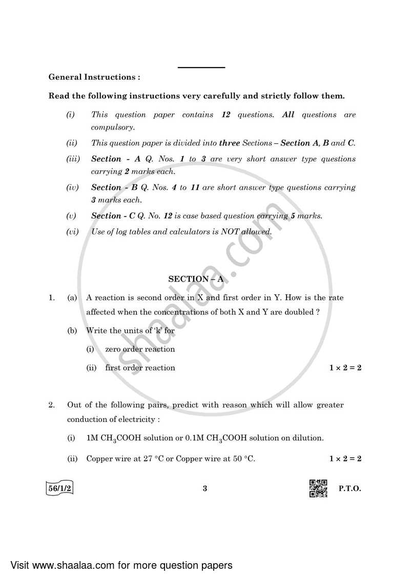 Chemistry 2021-2022 - CBSE 12th - Class 12 - CBSE (Central Board of Secondary Education) question paper with PDF download