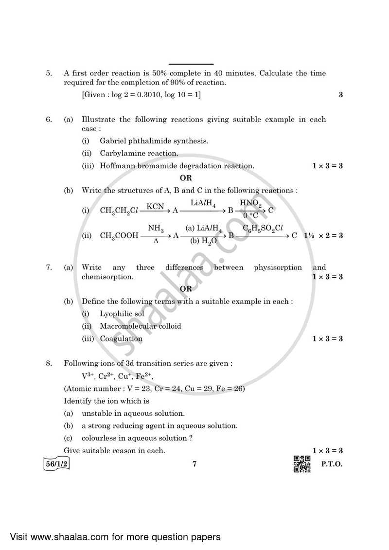 Chemistry 2021-2022 - CBSE 12th - Class 12 - CBSE (Central Board of Secondary Education) question paper with PDF download