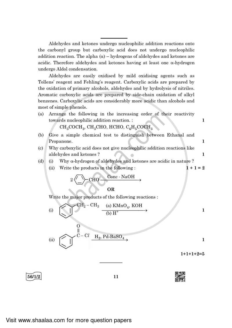 Chemistry 2021-2022 - CBSE 12th - Class 12 - CBSE (Central Board of Secondary Education) question paper with PDF download