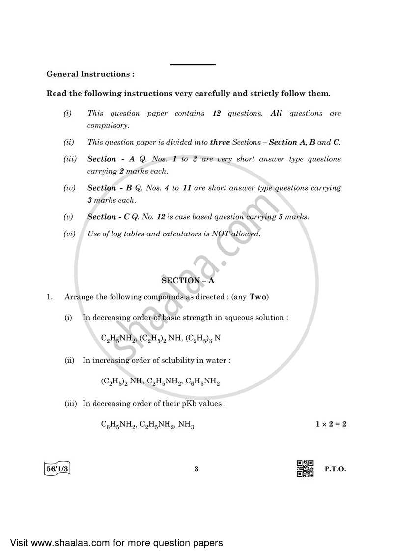 Chemistry 2021-2022 - CBSE 12th - Class 12 - CBSE (Central Board of Secondary Education) question paper with PDF download