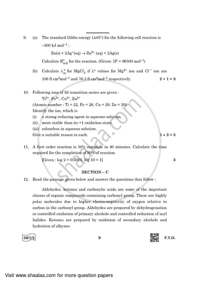 Chemistry 2021-2022 - CBSE 12th - Class 12 - CBSE (Central Board of Secondary Education) question paper with PDF download