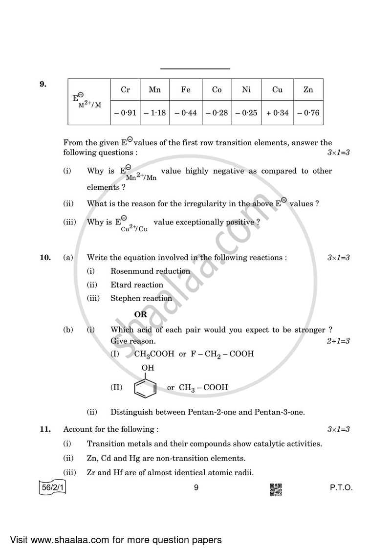 Chemistry 2021-2022 - CBSE 12th - Class 12 - CBSE (Central Board of Secondary Education) question paper with PDF download