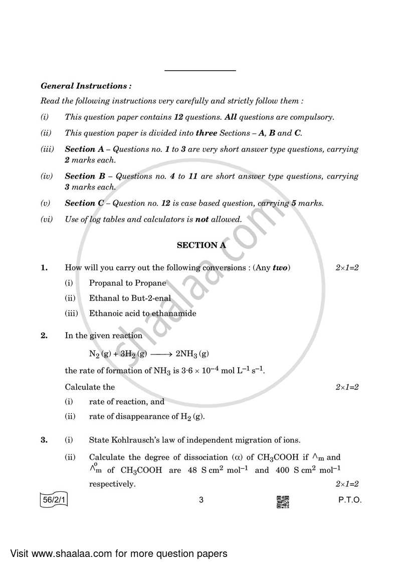 Chemistry 2021-2022 - CBSE 12th - Class 12 - CBSE (Central Board of Secondary Education) question paper with PDF download