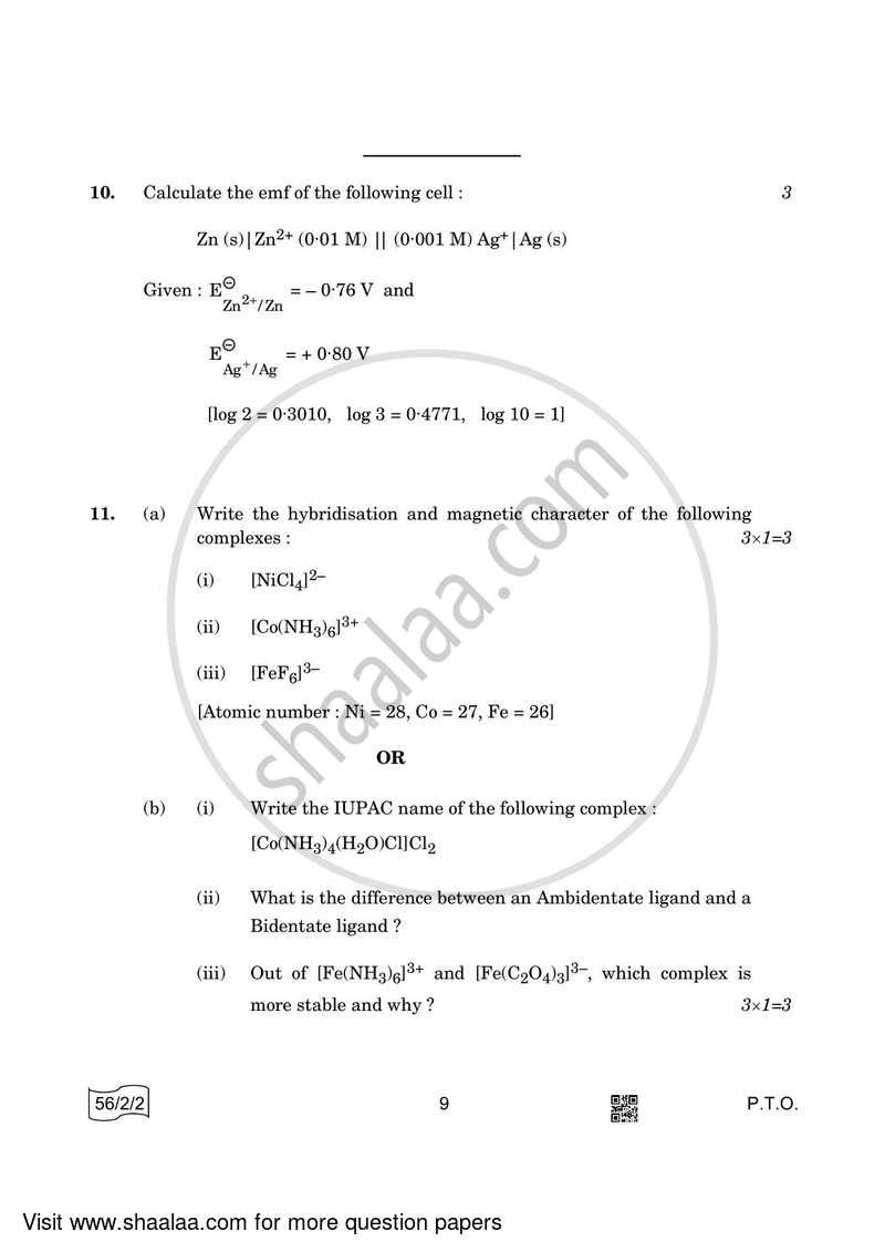 Chemistry 2021-2022 - CBSE 12th - Class 12 - CBSE (Central Board of Secondary Education) question paper with PDF download