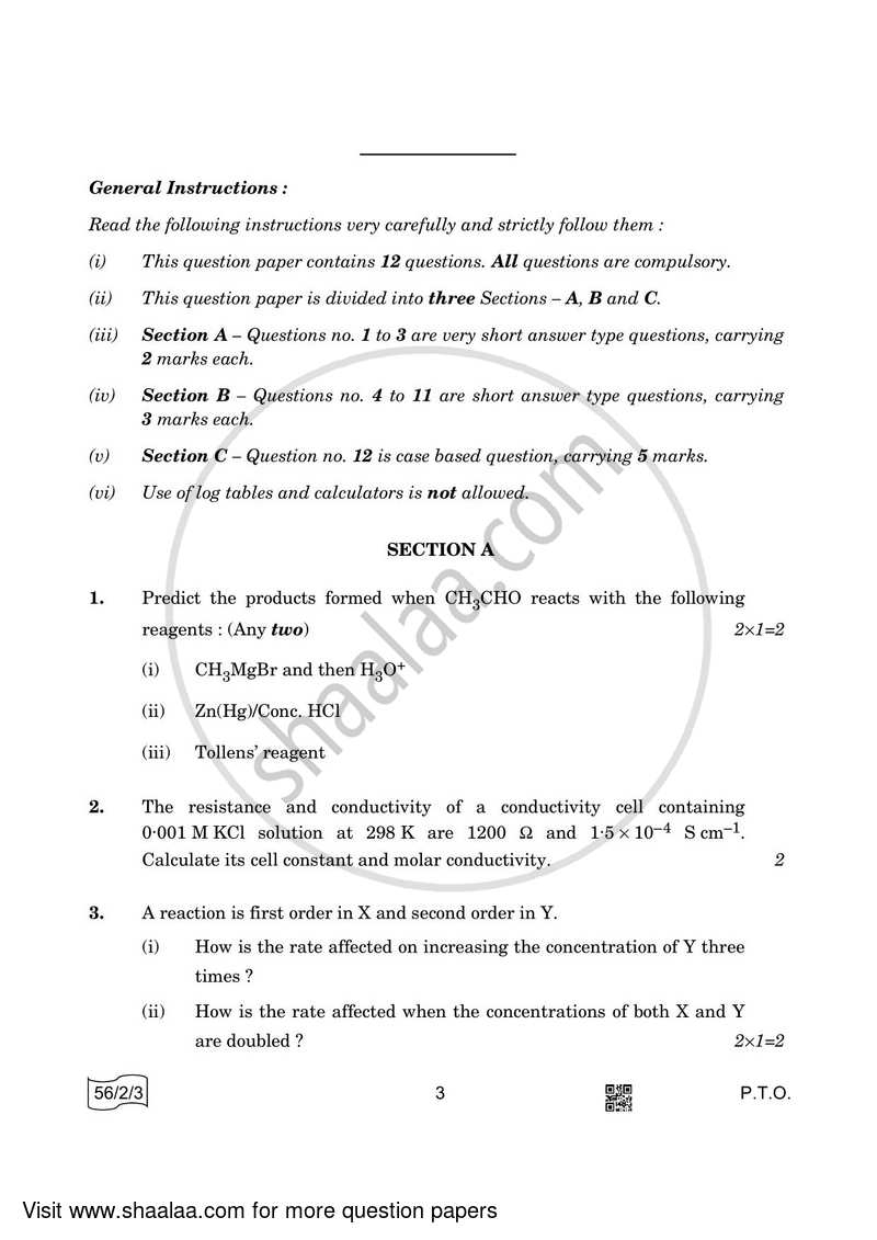 Chemistry 2021-2022 - CBSE 12th - Class 12 - CBSE (Central Board of Secondary Education) question paper with PDF download