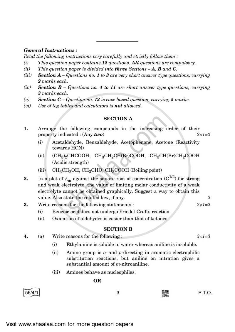 Chemistry 2021-2022 - CBSE 12th - Class 12 - CBSE (Central Board of Secondary Education) question paper with PDF download
