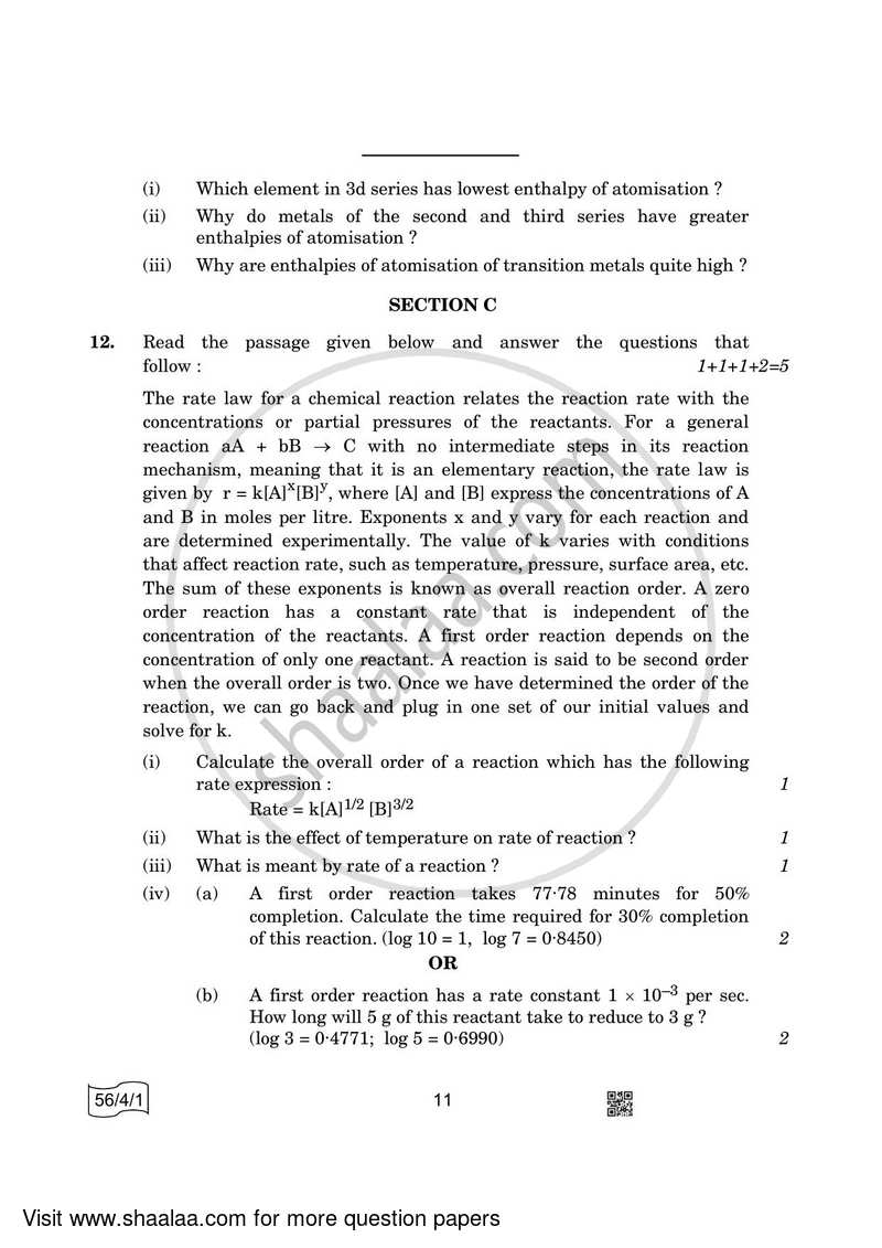 Chemistry 2021-2022 - CBSE 12th - Class 12 - CBSE (Central Board of Secondary Education) question paper with PDF download