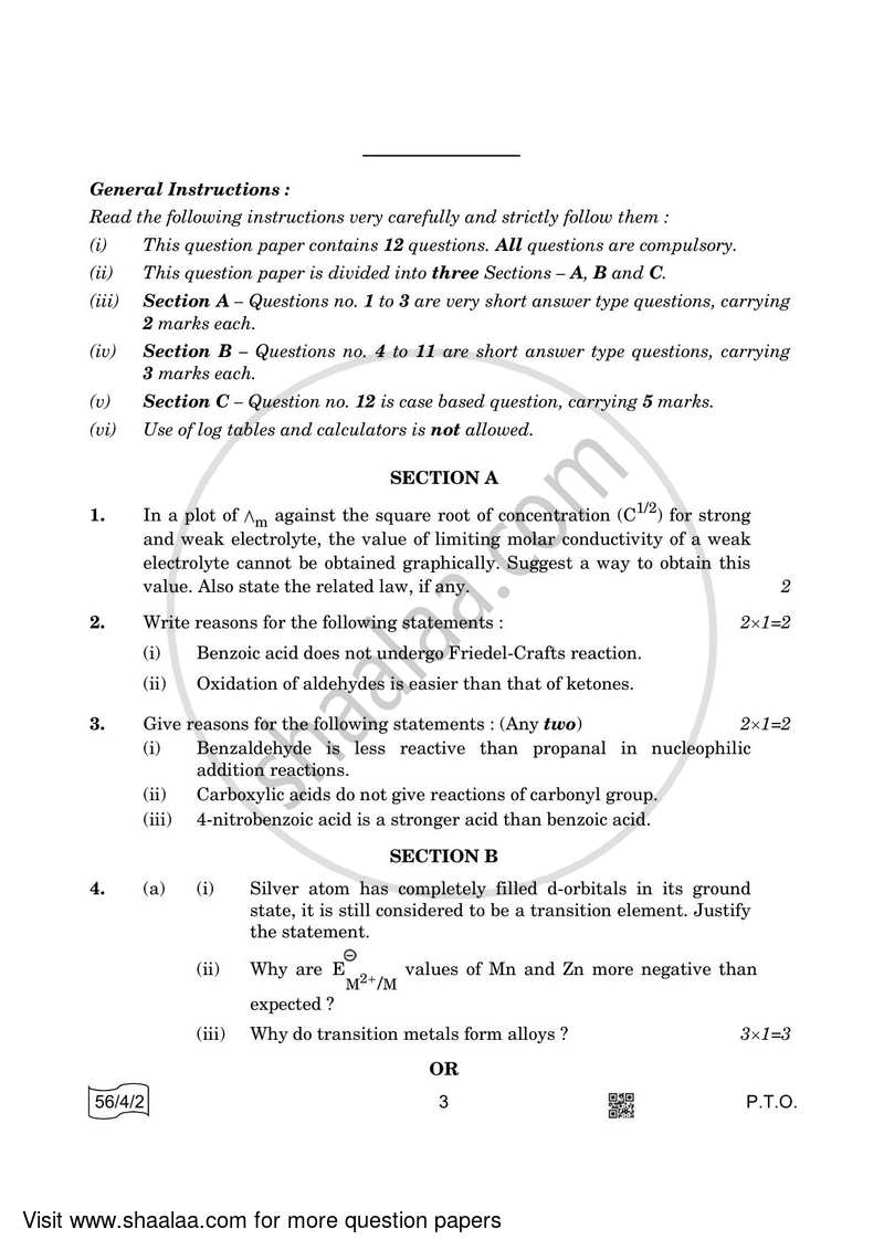 Chemistry 2021-2022 - CBSE 12th - Class 12 - CBSE (Central Board of Secondary Education) question paper with PDF download