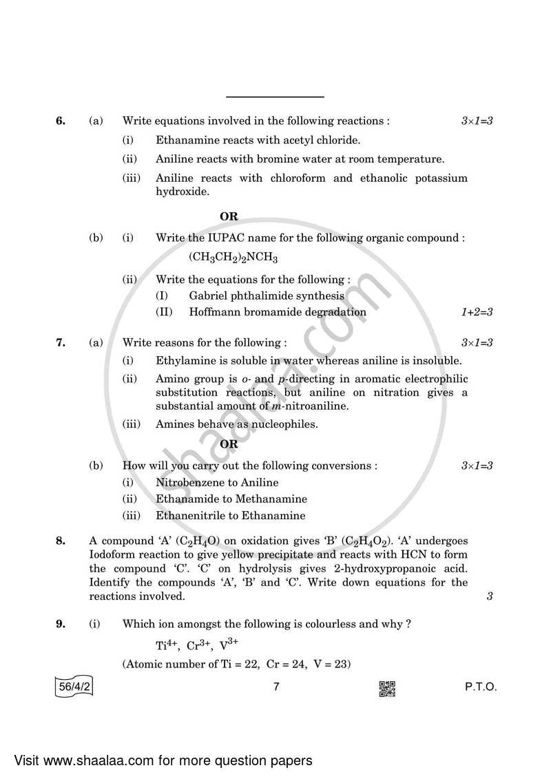 Chemistry 2021-2022 - CBSE 12th - Class 12 - CBSE (Central Board of Secondary Education) question paper with PDF download