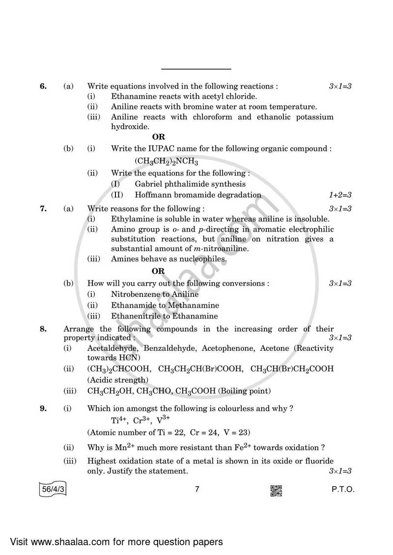 Chemistry 2021-2022 - CBSE 12th - Class 12 - CBSE (Central Board of Secondary Education) question paper with PDF download