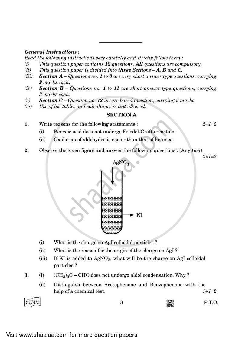 Chemistry 2021-2022 - CBSE 12th - Class 12 - CBSE (Central Board of Secondary Education) question paper with PDF download