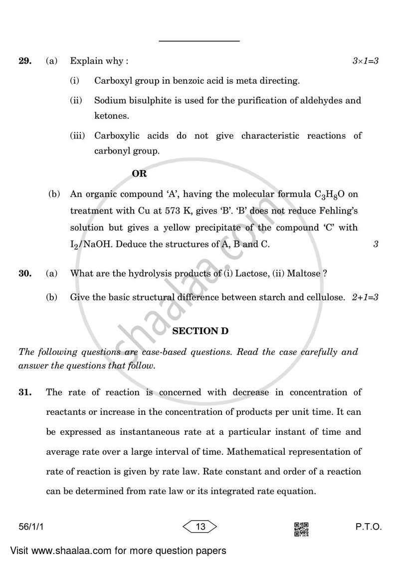 Chemistry 2022-2023 - CBSE 12th - Class 12 - CBSE (Central Board of Secondary Education) question paper with PDF download