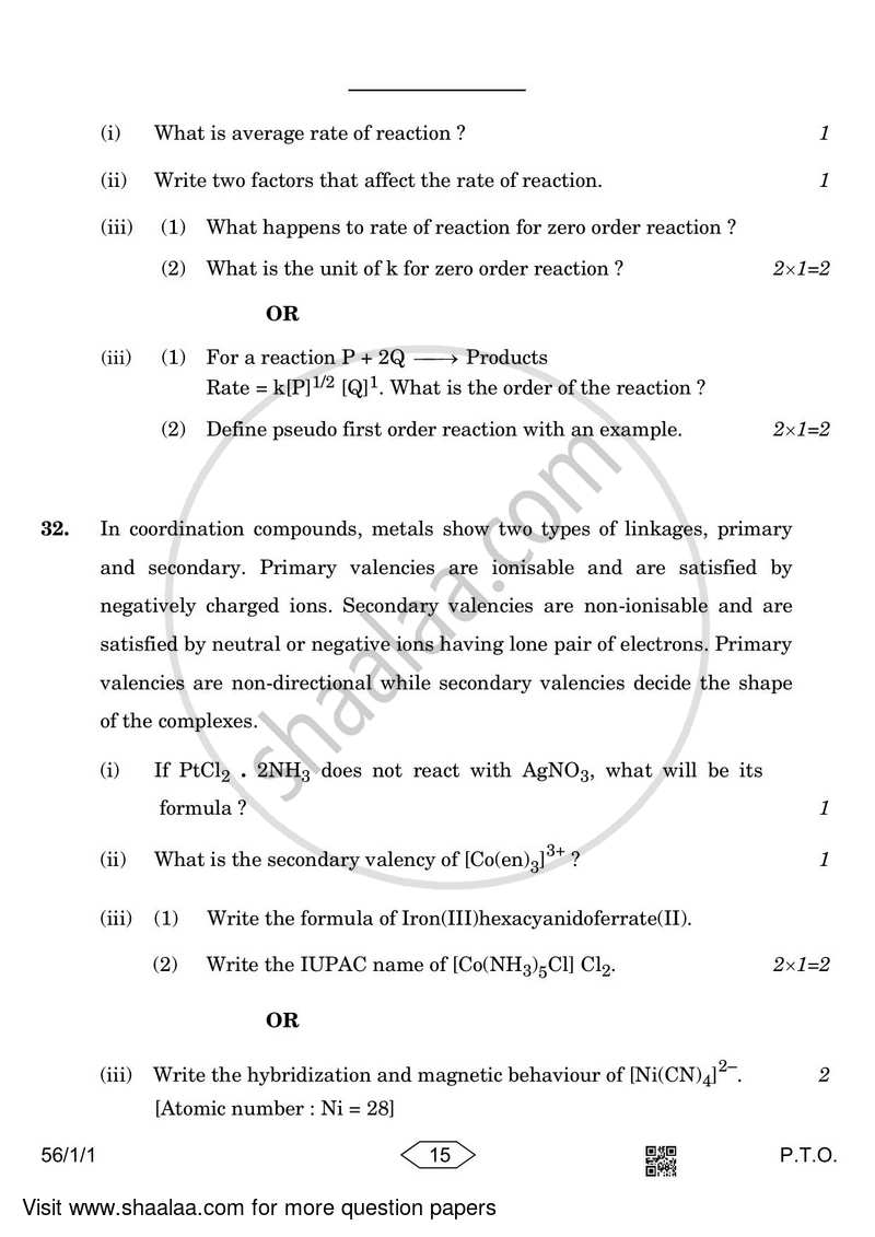 Chemistry 2022-2023 - CBSE 12th - Class 12 - CBSE (Central Board of Secondary Education) question paper with PDF download