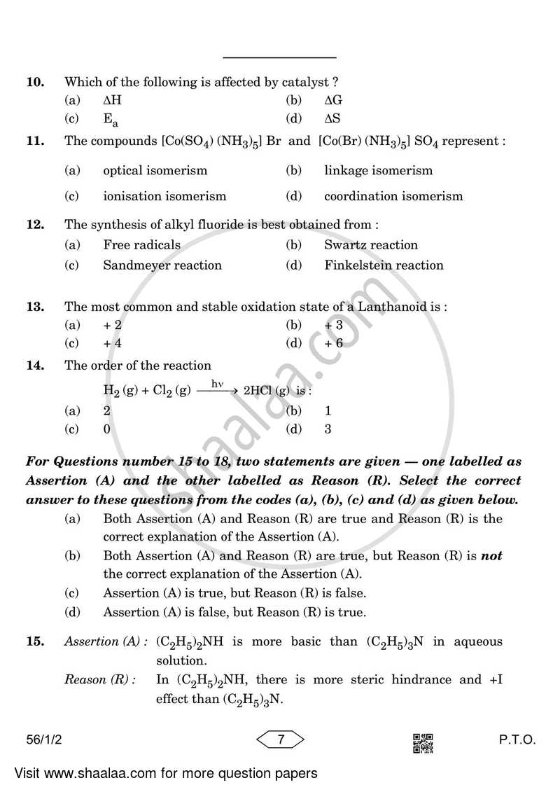 Chemistry 2022-2023 - CBSE 12th - Class 12 - CBSE (Central Board of Secondary Education) question paper with PDF download