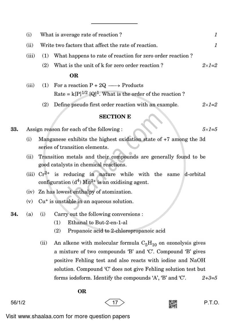 Chemistry 2022-2023 - CBSE 12th - Class 12 - CBSE (Central Board of Secondary Education) question paper with PDF download