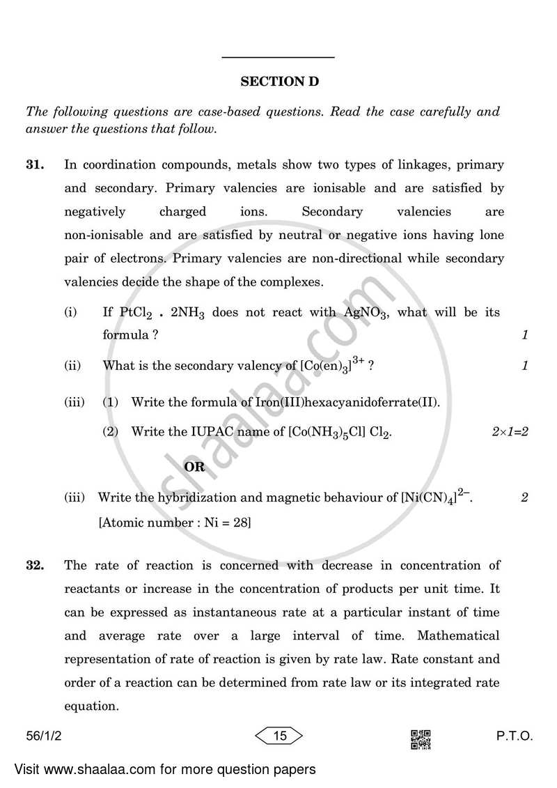 Chemistry 2022-2023 - CBSE 12th - Class 12 - CBSE (Central Board of Secondary Education) question paper with PDF download