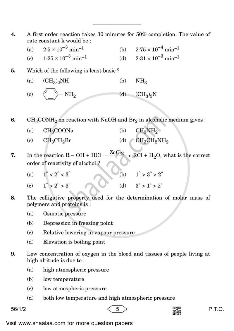 Chemistry 2022-2023 - CBSE 12th - Class 12 - CBSE (Central Board of Secondary Education) question paper with PDF download