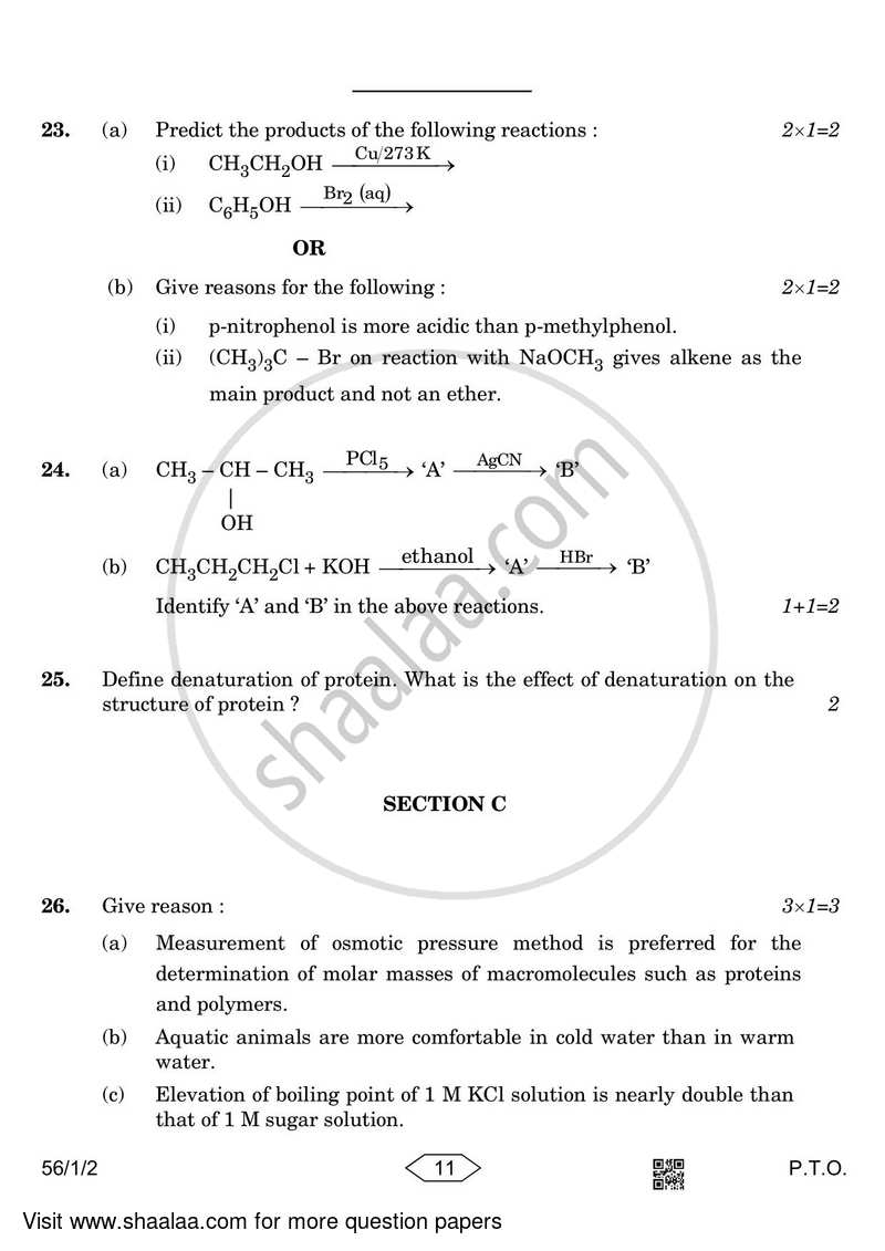 Chemistry 2022-2023 - CBSE 12th - Class 12 - CBSE (Central Board of Secondary Education) question paper with PDF download