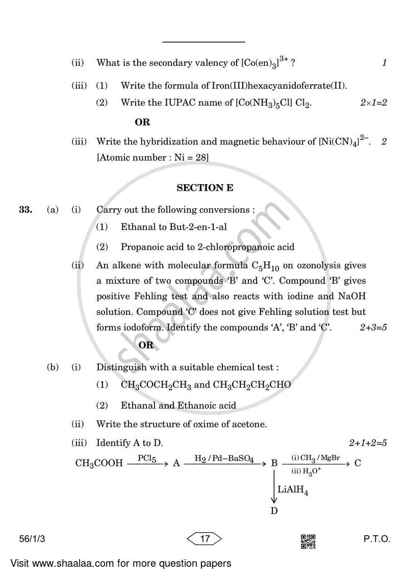 Chemistry 2022-2023 - CBSE 12th - Class 12 - CBSE (Central Board of Secondary Education) question paper with PDF download
