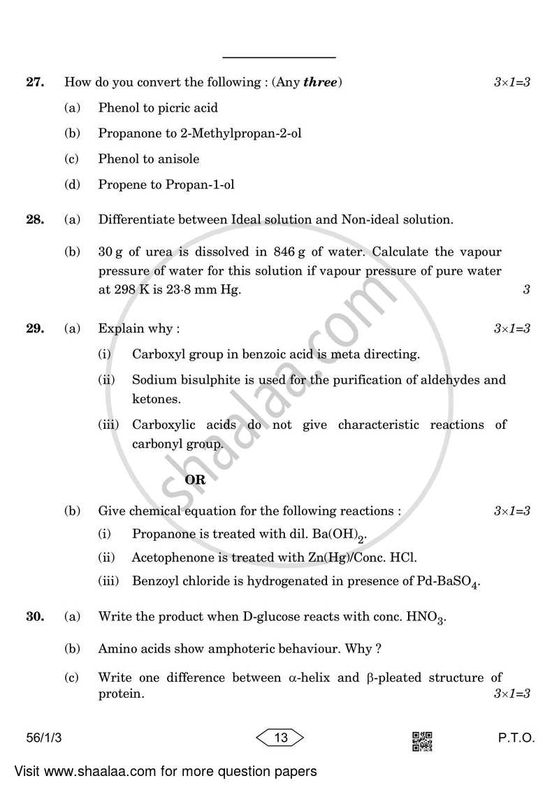 Chemistry 2022-2023 - CBSE 12th - Class 12 - CBSE (Central Board of Secondary Education) question paper with PDF download