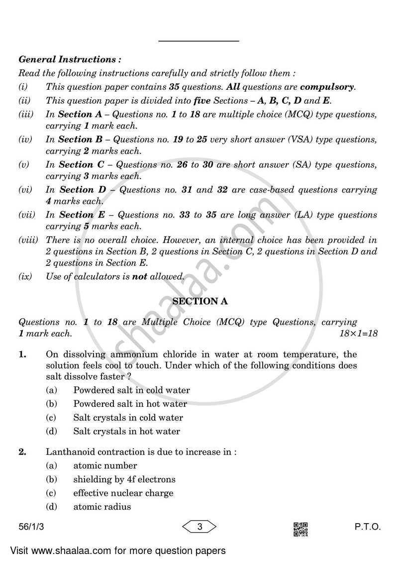 Chemistry 2022-2023 - CBSE 12th - Class 12 - CBSE (Central Board of Secondary Education) question paper with PDF download