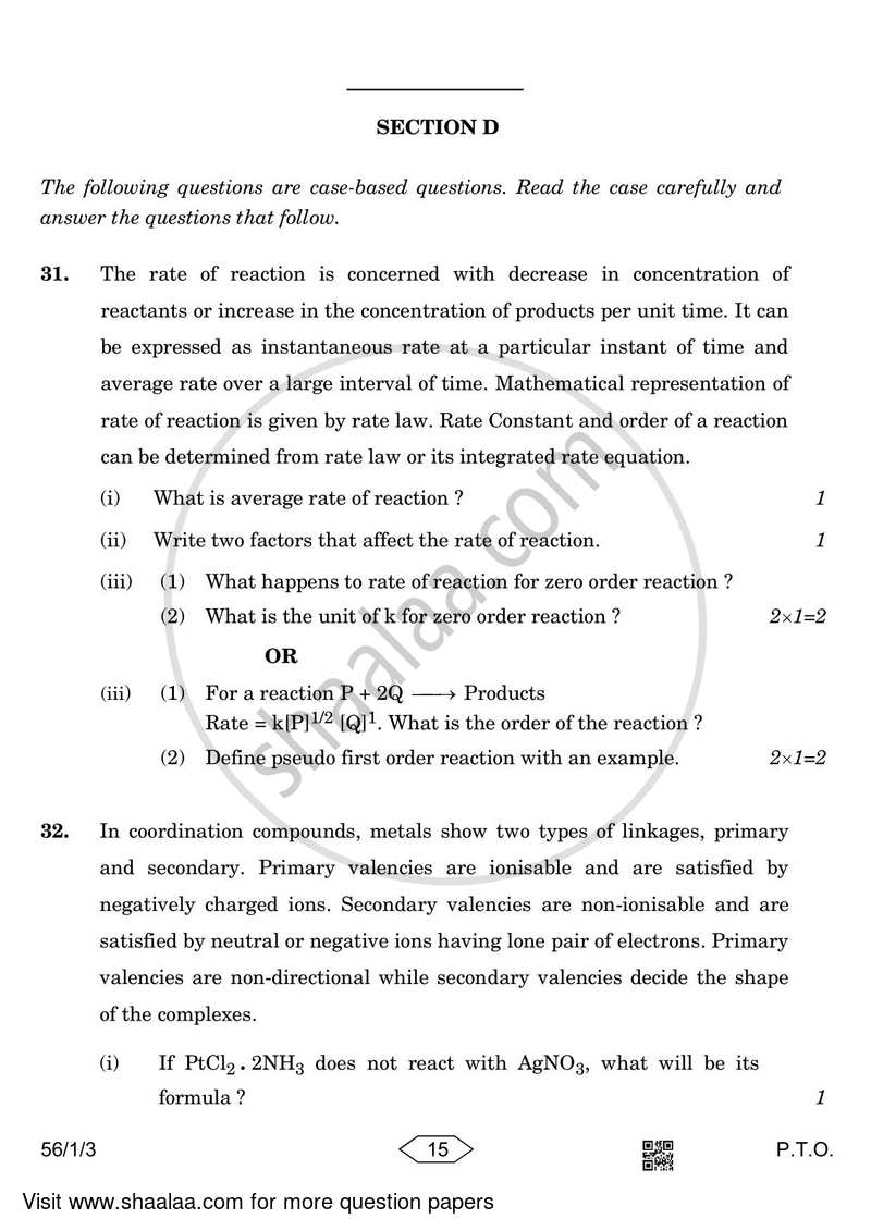 Chemistry 2022-2023 - CBSE 12th - Class 12 - CBSE (Central Board of Secondary Education) question paper with PDF download