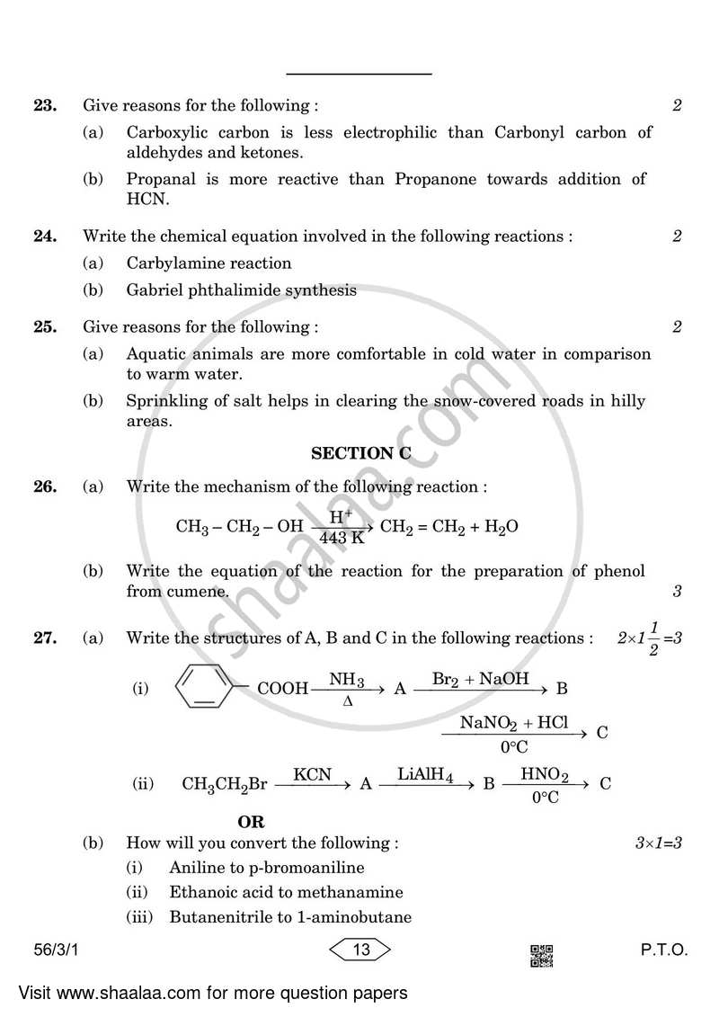 Chemistry 2022-2023 - CBSE 12th - Class 12 - CBSE (Central Board of Secondary Education) question paper with PDF download