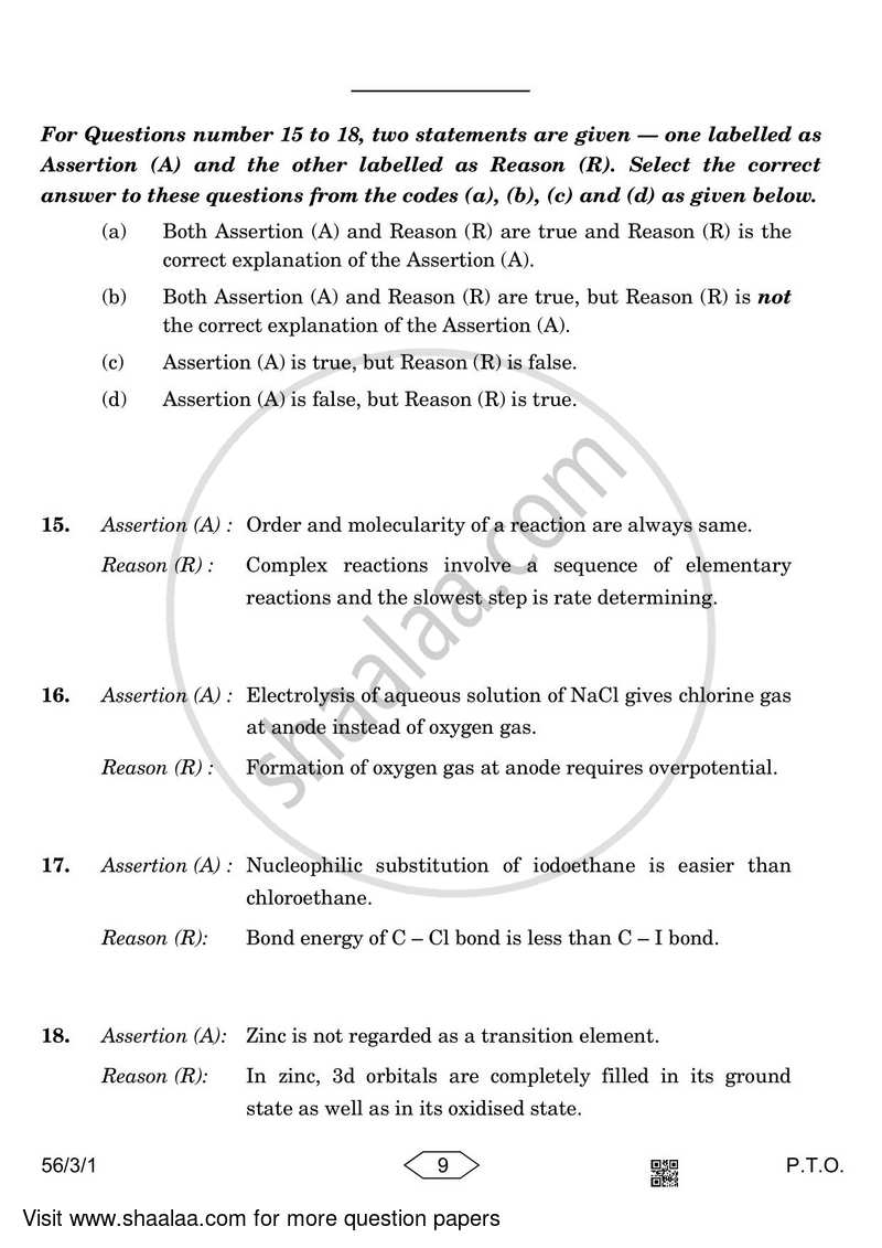 Chemistry 2022-2023 - CBSE 12th - Class 12 - CBSE (Central Board of Secondary Education) question paper with PDF download