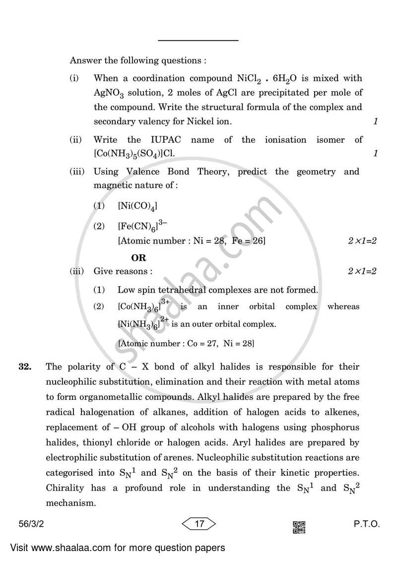 Chemistry 2022-2023 - CBSE 12th - Class 12 - CBSE (Central Board of Secondary Education) question paper with PDF download