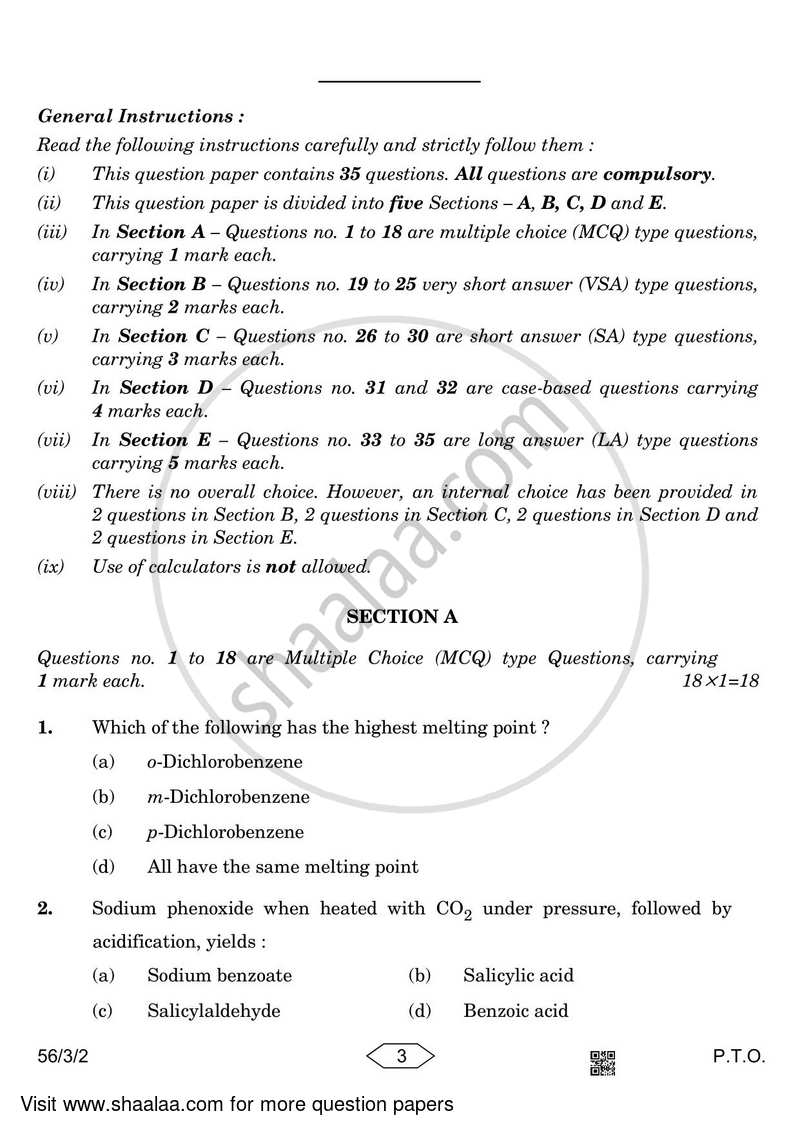 Chemistry 2022-2023 - CBSE 12th - Class 12 - CBSE (Central Board of Secondary Education) question paper with PDF download