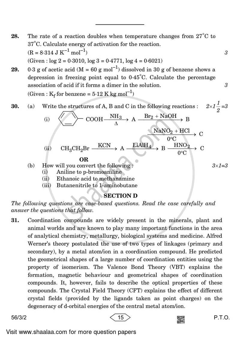 Chemistry 2022-2023 - CBSE 12th - Class 12 - CBSE (Central Board of Secondary Education) question paper with PDF download