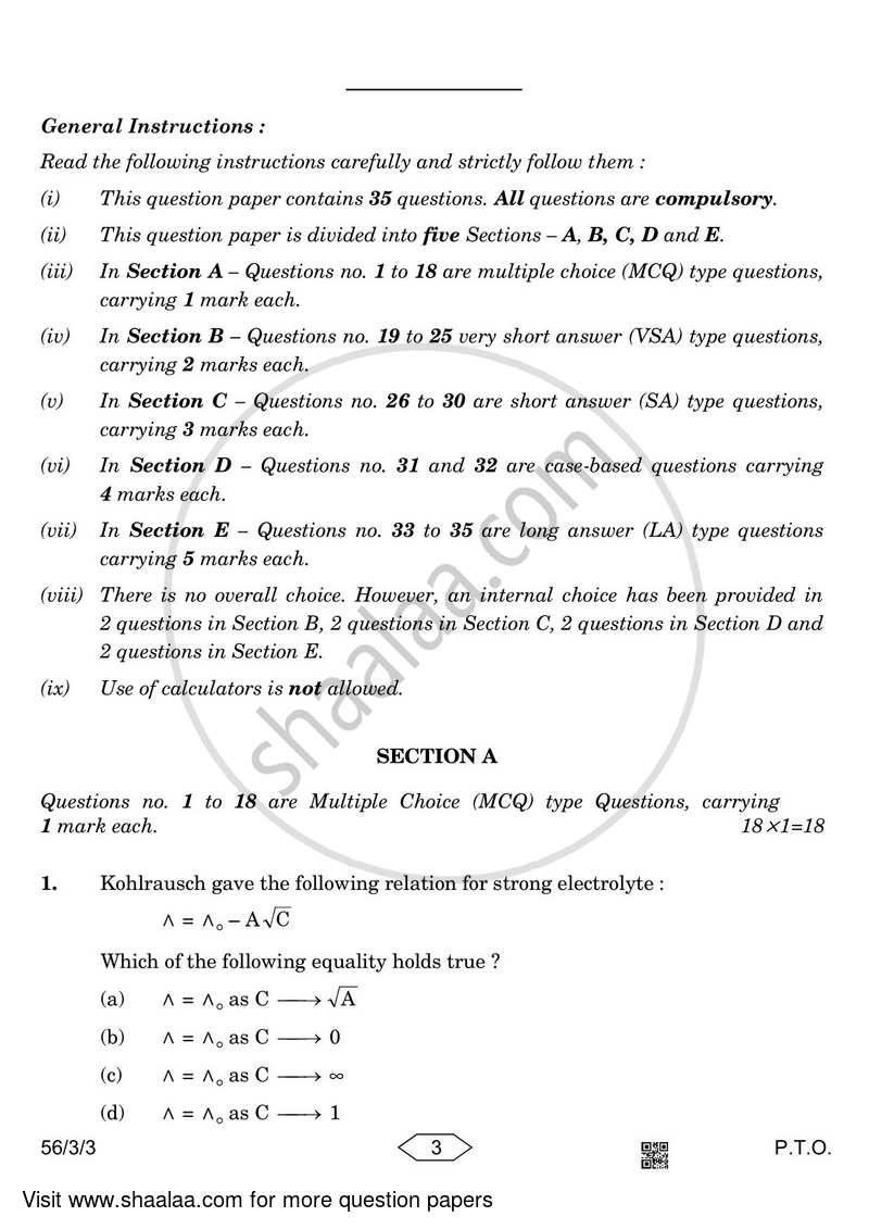 Chemistry 2022-2023 - CBSE 12th - Class 12 - CBSE (Central Board of Secondary Education) question paper with PDF download