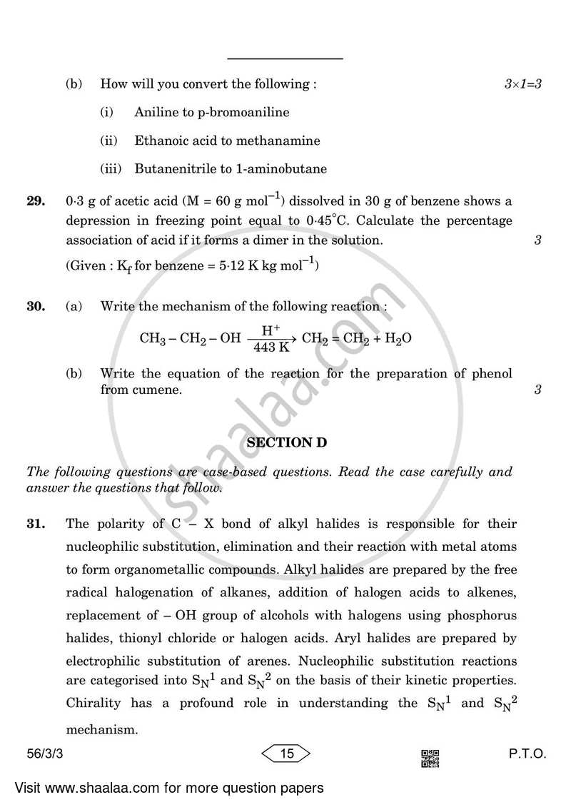Chemistry 2022-2023 - CBSE 12th - Class 12 - CBSE (Central Board of Secondary Education) question paper with PDF download