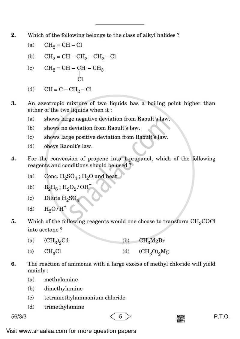Chemistry 2022-2023 - CBSE 12th - Class 12 - CBSE (Central Board of Secondary Education) question paper with PDF download