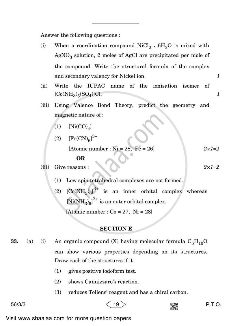 Chemistry 2022-2023 - CBSE 12th - Class 12 - CBSE (Central Board of Secondary Education) question paper with PDF download