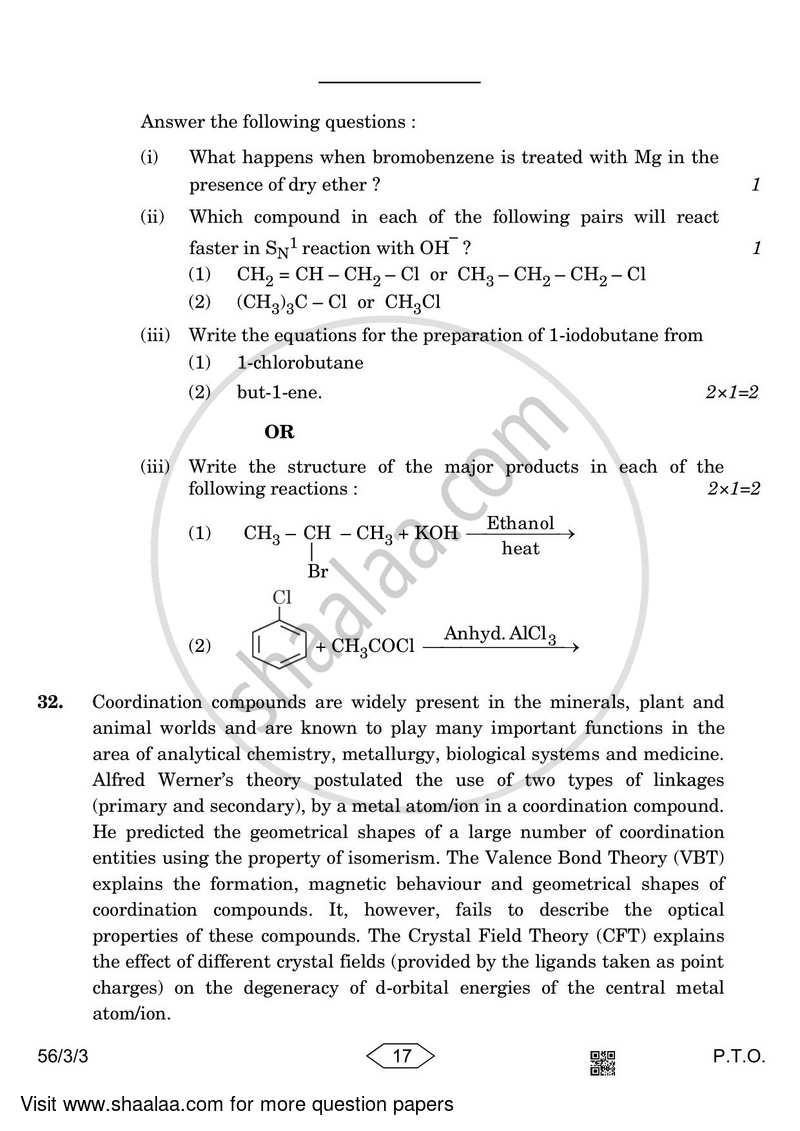 Chemistry 2022-2023 - CBSE 12th - Class 12 - CBSE (Central Board of Secondary Education) question paper with PDF download