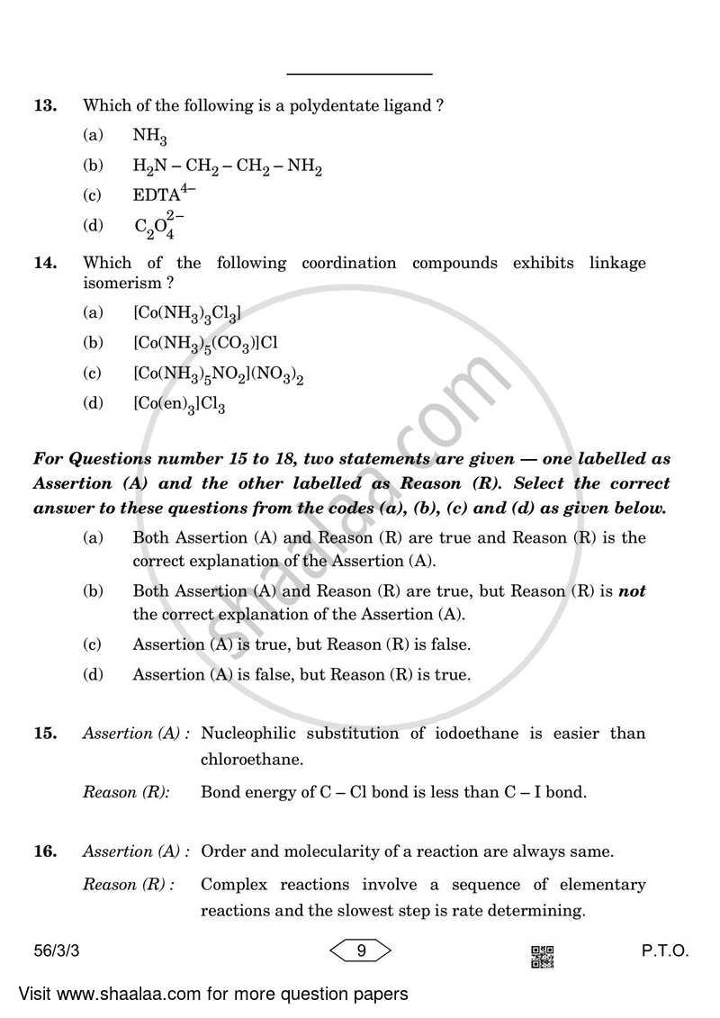 Chemistry 2022-2023 - CBSE 12th - Class 12 - CBSE (Central Board of Secondary Education) question paper with PDF download