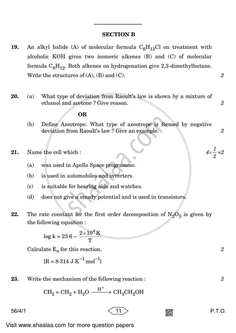 Chemistry 2022-2023 - CBSE 12th - Class 12 - CBSE (Central Board of Secondary Education) question paper with PDF download