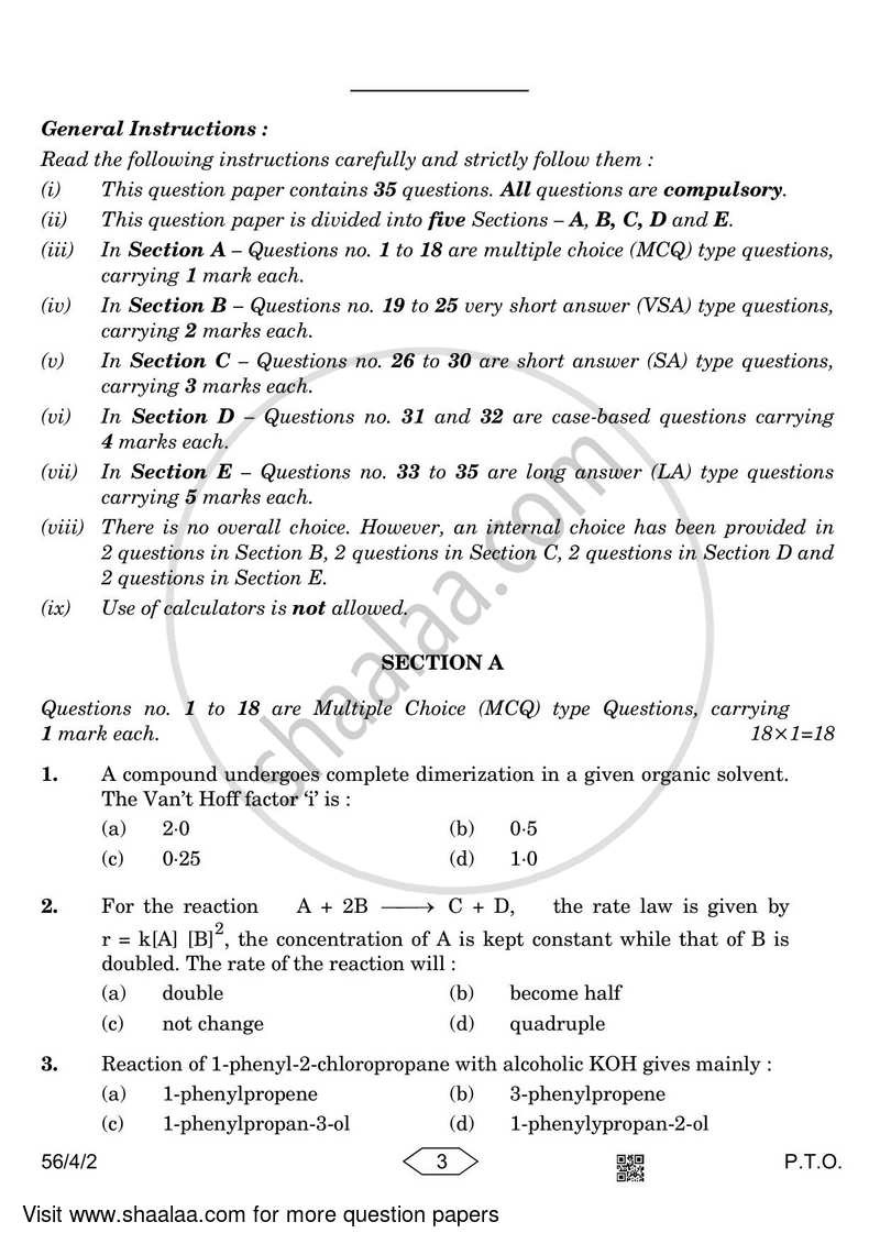 Chemistry 2022-2023 - CBSE 12th - Class 12 - CBSE (Central Board of Secondary Education) question paper with PDF download