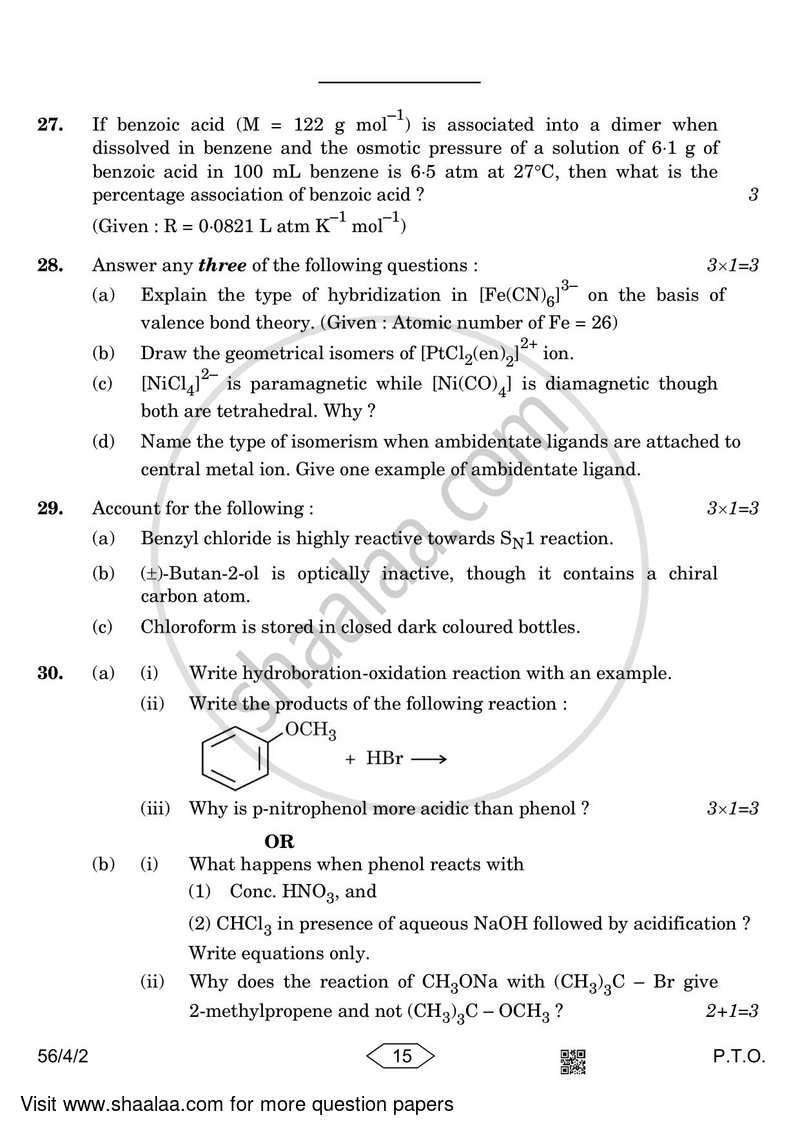 Chemistry 2022-2023 - CBSE 12th - Class 12 - CBSE (Central Board of Secondary Education) question paper with PDF download