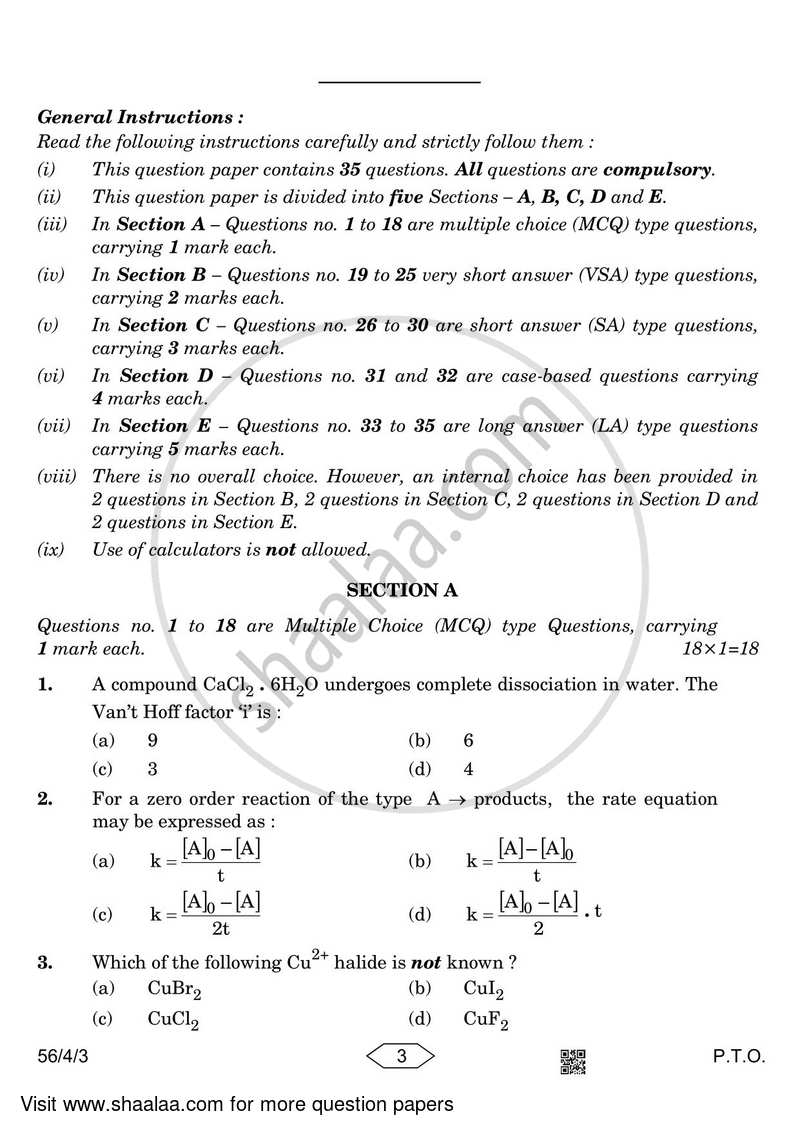Chemistry 2022-2023 - CBSE 12th - Class 12 - CBSE (Central Board of Secondary Education) question paper with PDF download