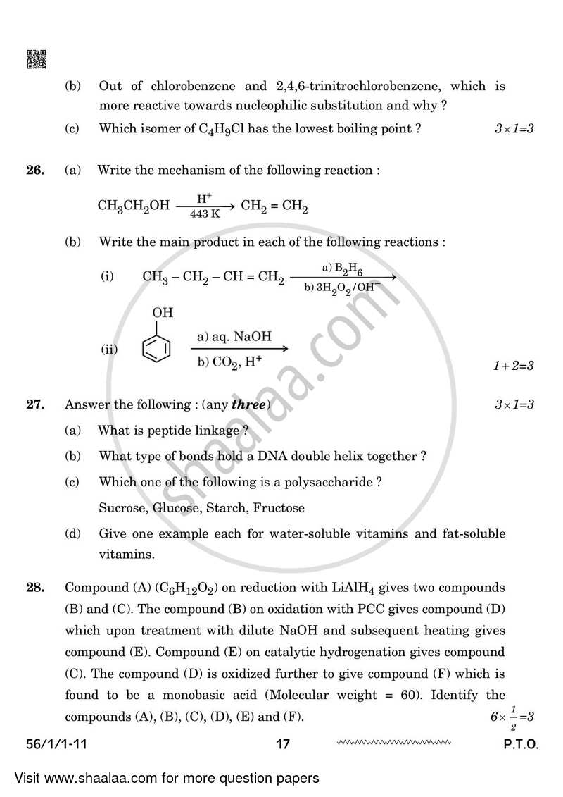Chemistry 2023-2024 - CBSE 12th - Class 12 - CBSE (Central Board of Secondary Education) question paper with PDF download