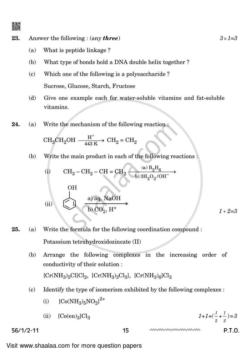 Chemistry 2023-2024 - CBSE 12th - Class 12 - CBSE (Central Board of Secondary Education) question paper with PDF download