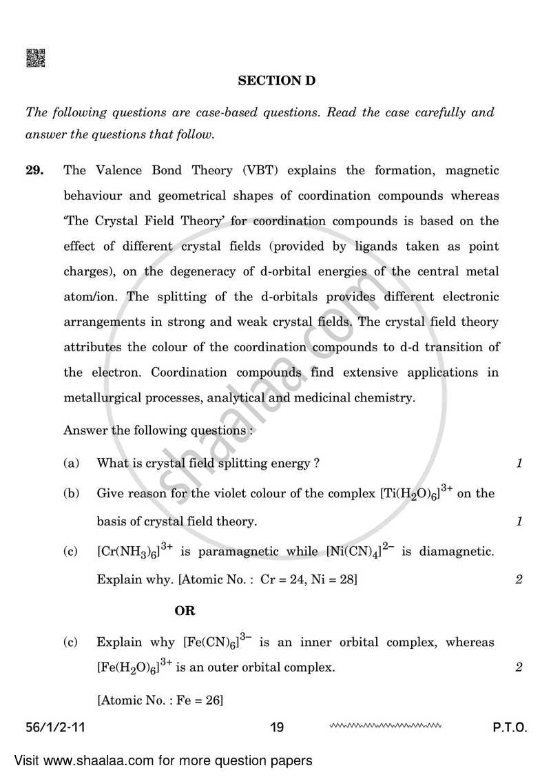 Chemistry 2023-2024 - CBSE 12th - Class 12 - CBSE (Central Board of Secondary Education) question paper with PDF download