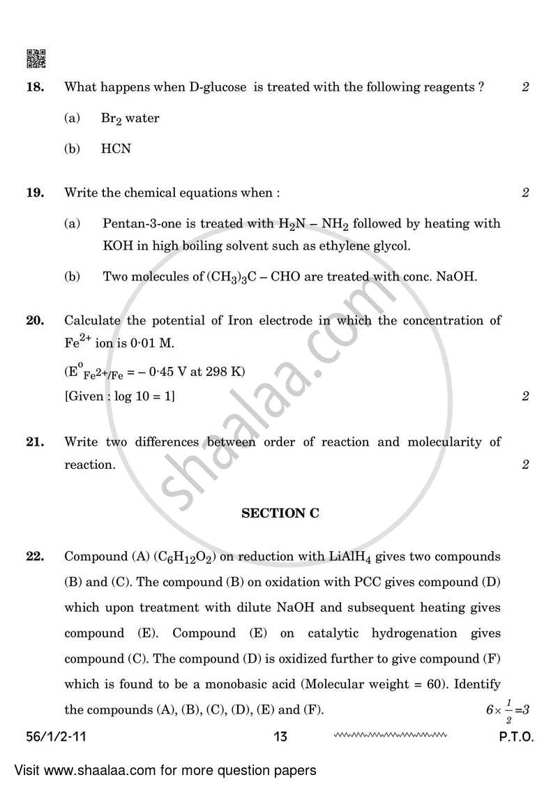 Chemistry 2023-2024 - CBSE 12th - Class 12 - CBSE (Central Board of Secondary Education) question paper with PDF download