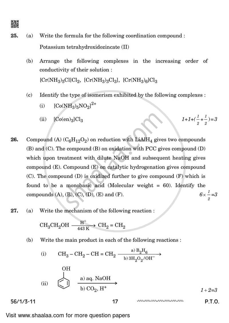 Chemistry 2023-2024 - CBSE 12th - Class 12 - CBSE (Central Board of Secondary Education) question paper with PDF download