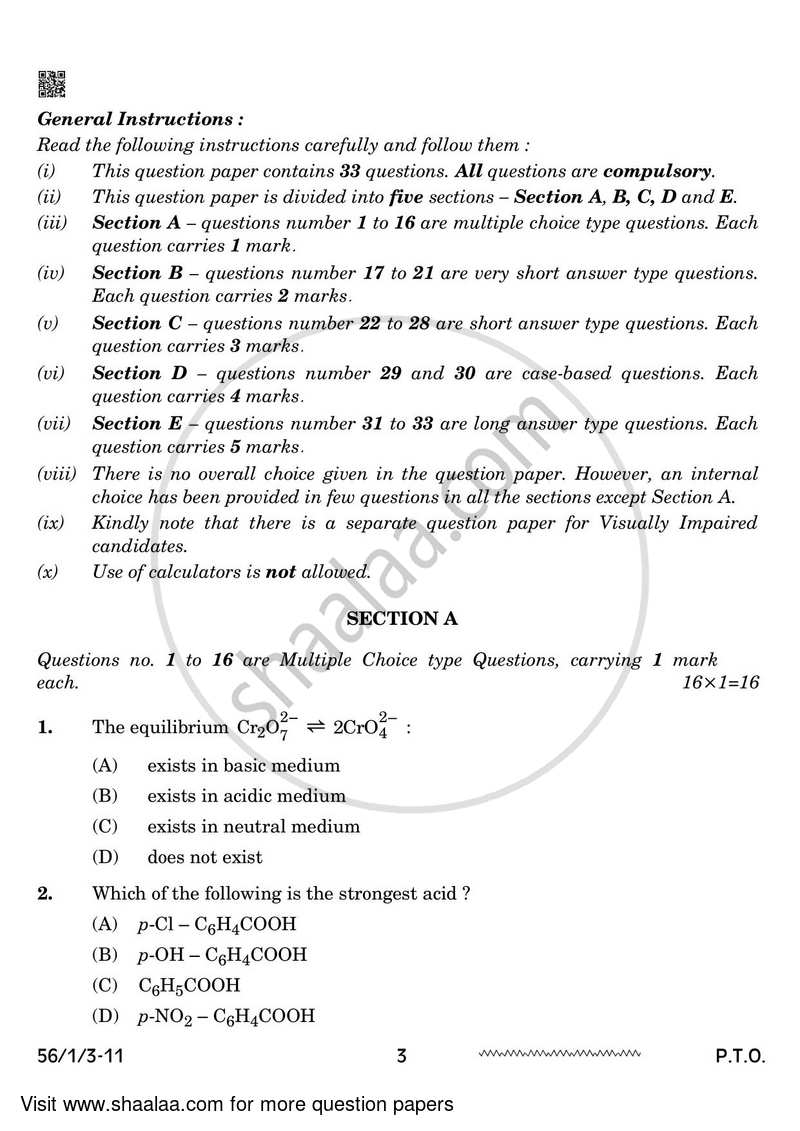 Chemistry 2023-2024 - CBSE 12th - Class 12 - CBSE (Central Board of Secondary Education) question paper with PDF download