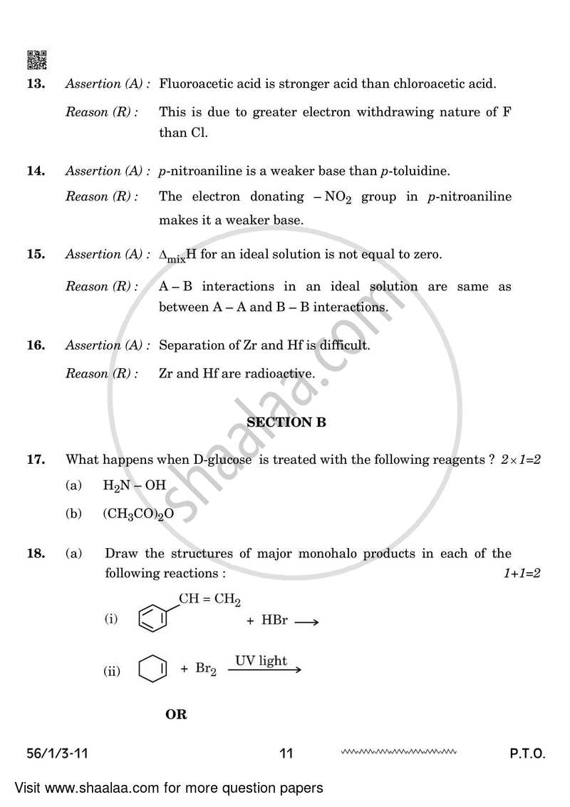 Chemistry 2023-2024 - CBSE 12th - Class 12 - CBSE (Central Board of Secondary Education) question paper with PDF download